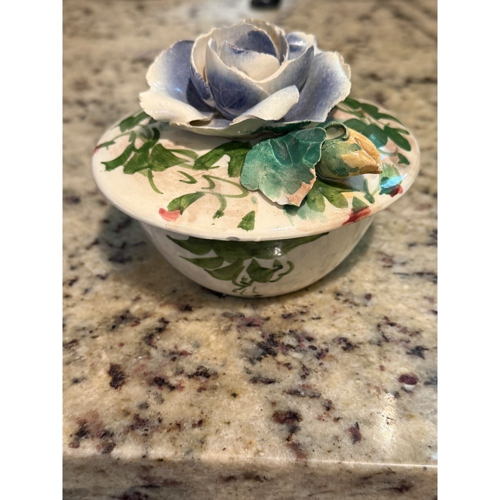 Vintage Italian Pottery Trinket Dish Hand Painted 3D Blue Rose Lid Made in Italy